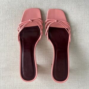 Staud Pippa Knotted Kitten Block Heel Sandals Pink Leather Mules | Size 37 / 7